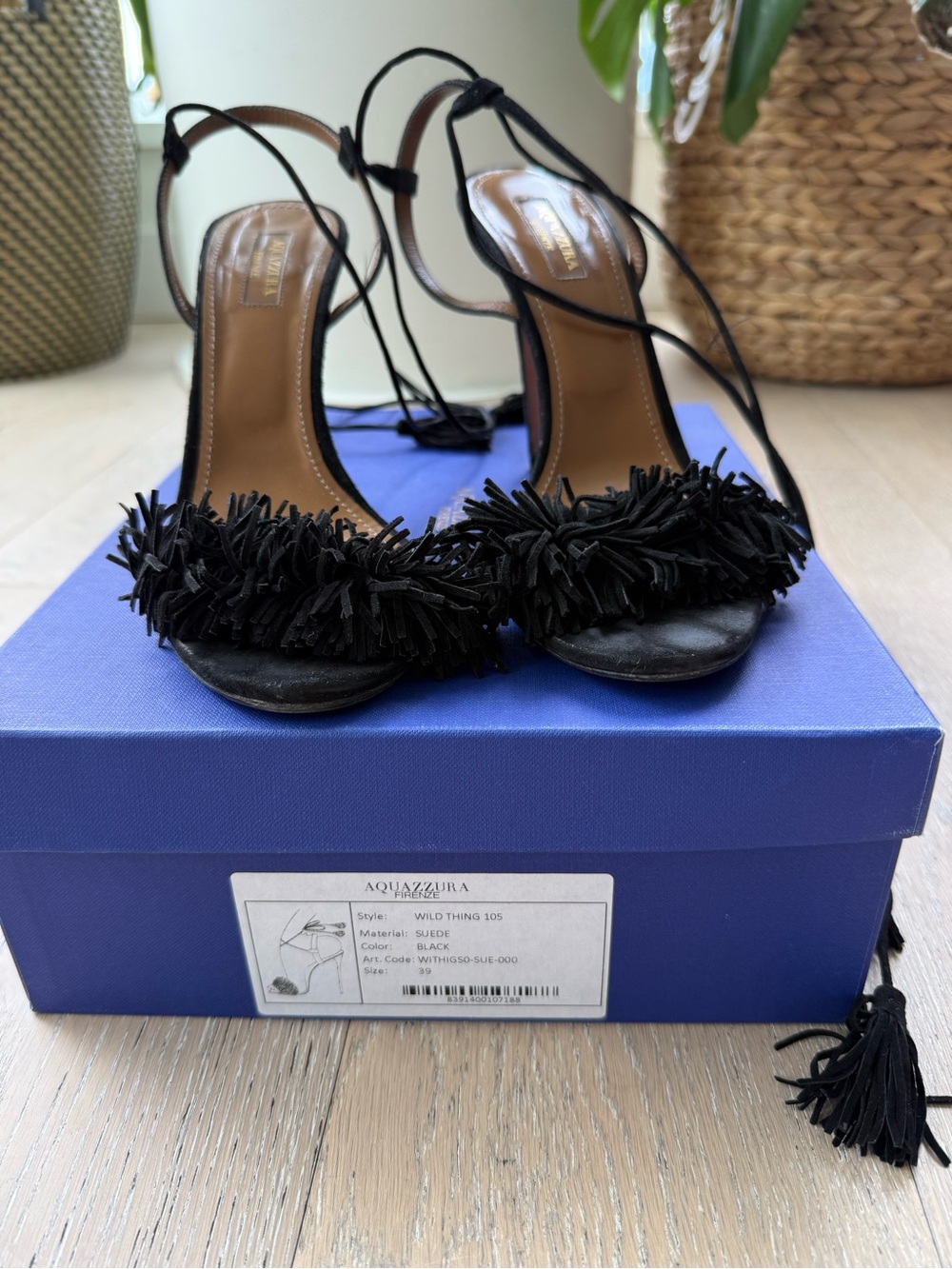 Aquazzura Black Suede Fringe Ankle-Tie Heels